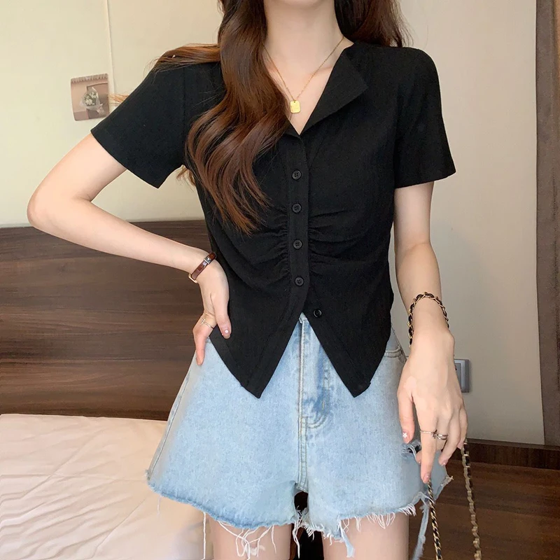 Ice Silk Folds T Shirt Women Korean Fashion Sweet Slim All Match Short Sleeve Top Summer Chic Harajuku Sexy Button V Neck Tees