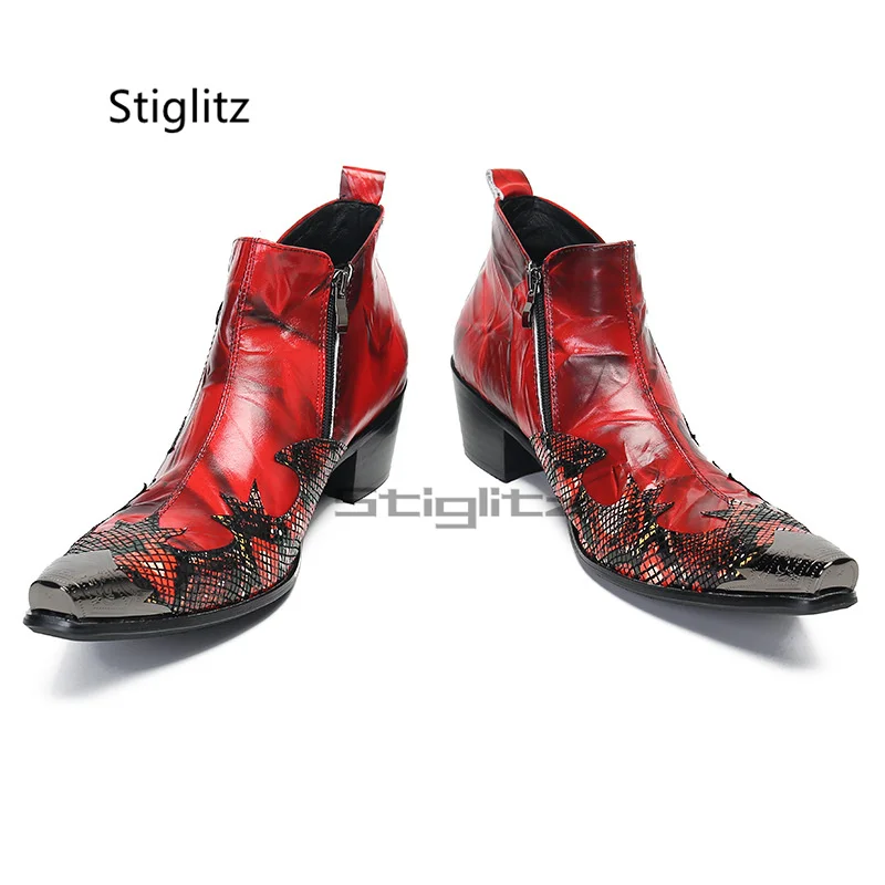 Botas de piel de vaca con tacones altos rojos para hombre, zapatos