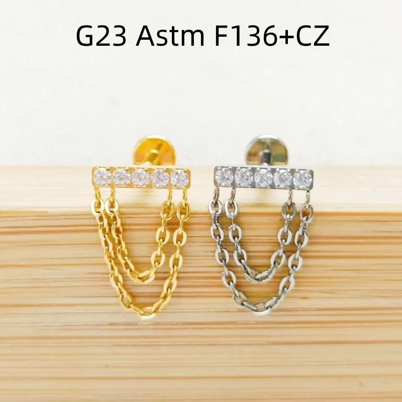 Lot10pcs Body Jewelry 16G  G23 Titanium Astm F136 Chain CZ  Lip Labret Bar Ear Helix Tragus Rook Bar Piercing Jewelry New Shine