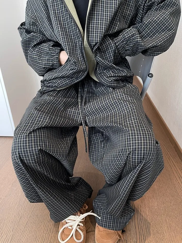 

American Retro ey een Plaid Cuffed Dstring Casual Pants Loose Fit for Men And Women Lazy Sle Wide Leg Long Trousers