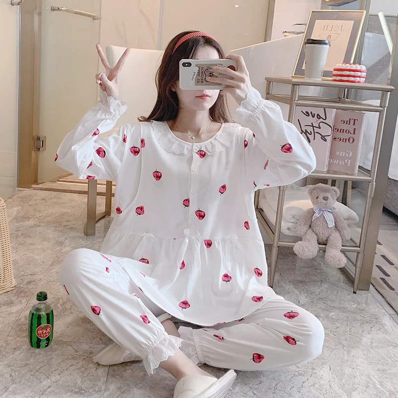 Maternity Spring and Fall Long-Sleeved Breastfeeding Pajamas Homewear Suit Spring and Summer Monthly Clothing Leisure Home Suit