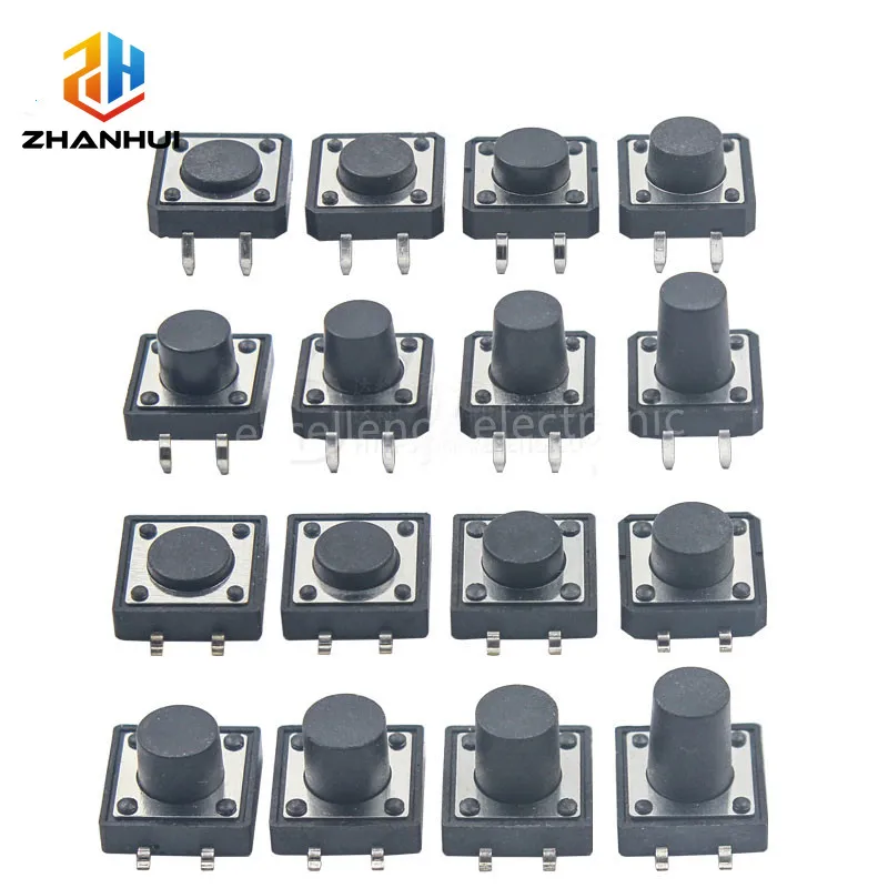 8 Models 12×12mm 4Pin Tact Switch Assortment Kit DIP SMD 4.3 to 12mm Height Micro Tactile Push Button Keys 50Pcs