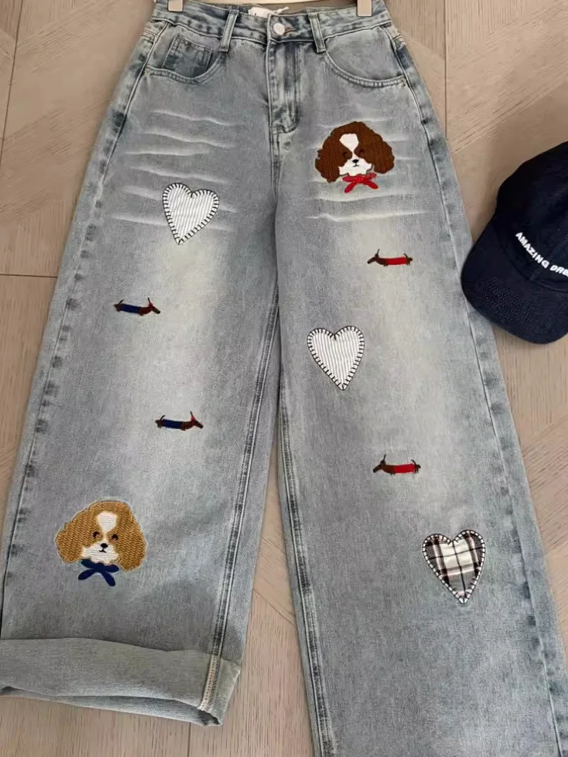 

Retro Embroidered Wide Leg Pants Women's Casual Straight Cut Denim Jeans Faionable Slimming High Waist Spring 2026