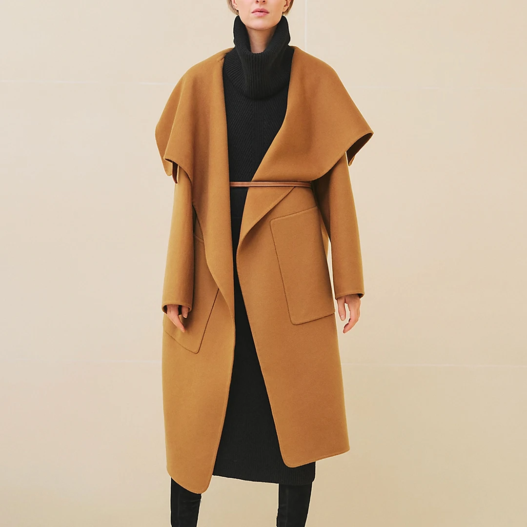 

NIGO Women's Spring, Autumn And Winter Solid Color Leather Button Collar Tie Double Sided Cashmere Long Coat Ngvp #nigo9273