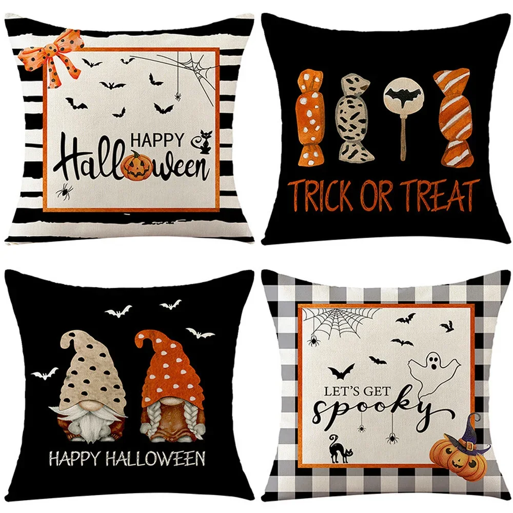 Halloween Decorations Pumpkin Letters Cushion Cover 18x18 Inches Linen Pillowcase Farmhouse Home Decor Pillow Cover for Couch