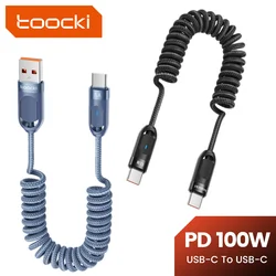 Toocki 100W Type C Fast Charge Spring Cable Telescopic Car Phone Charger Lighting  Cable For Macbook iPhone 15 Samsung Huawei