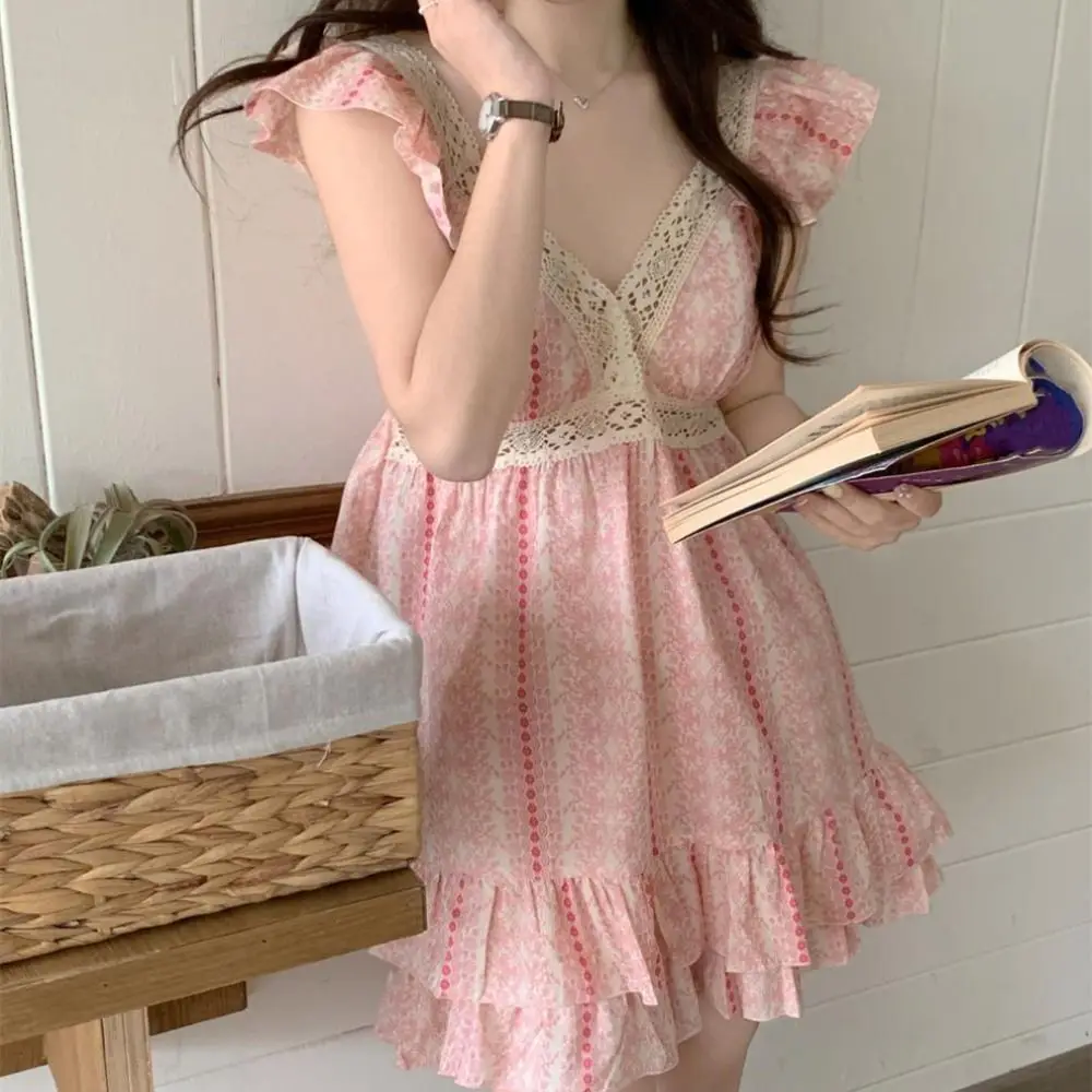 

Striped Suspender Shorts Pajamas Ruffle with Chest Pad Two Piece Nightwear Sleeveless Lace V-Neck Floral Pajamas Suit Sleeping