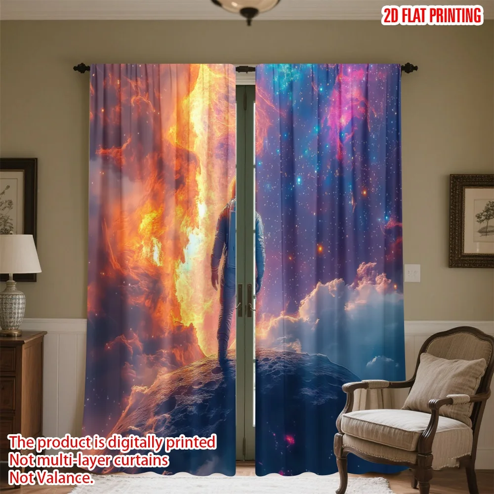 

2D flat printing 2pcs Curtain Astronaut in Colorful Cosmos Digital Printed Polyester Drapes Festive Curtains Perfect for Indoor