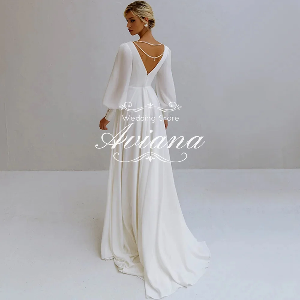 

Aviana Customized V-Neck A-Line Charming Wedding Dress Full Sleeve Sweep Train Backless New Design Ruffles Lantern Sleeve 2025