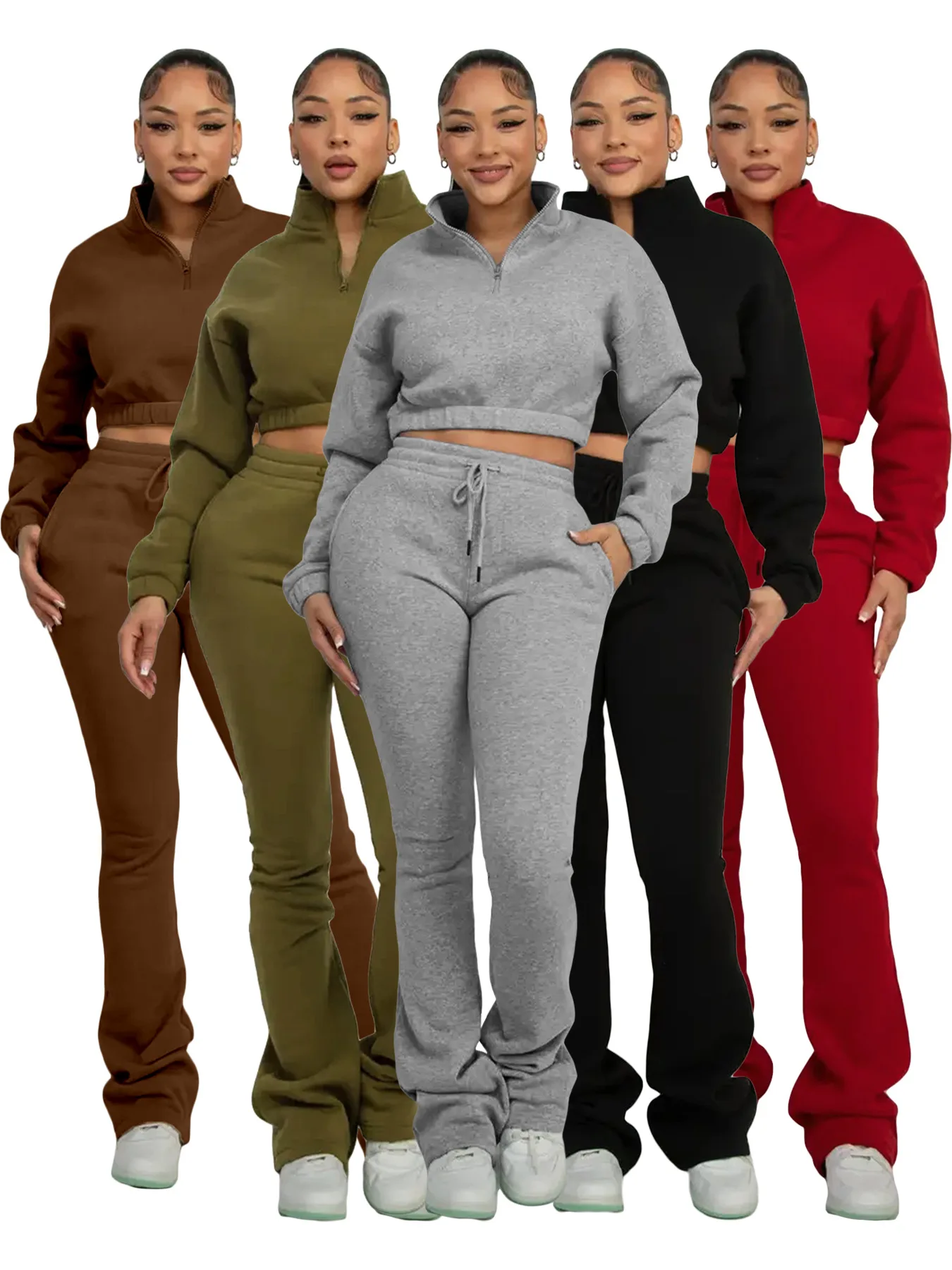 Women Tracksuits Set Winter Fashion Long Sleeves Fleece Thick Sweatshirt And Flare Pants Casual 2 Piece Set Sweatsuits Outfits