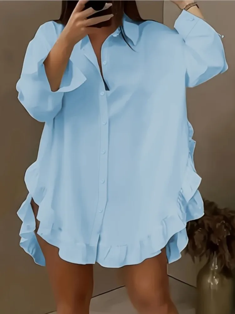 Gaun pesta Mini wanita, baju kasual lengan panjang dengan kerah Falbala, gaun Mini warna Solid untuk pesta Prom, blus kasual Vintage