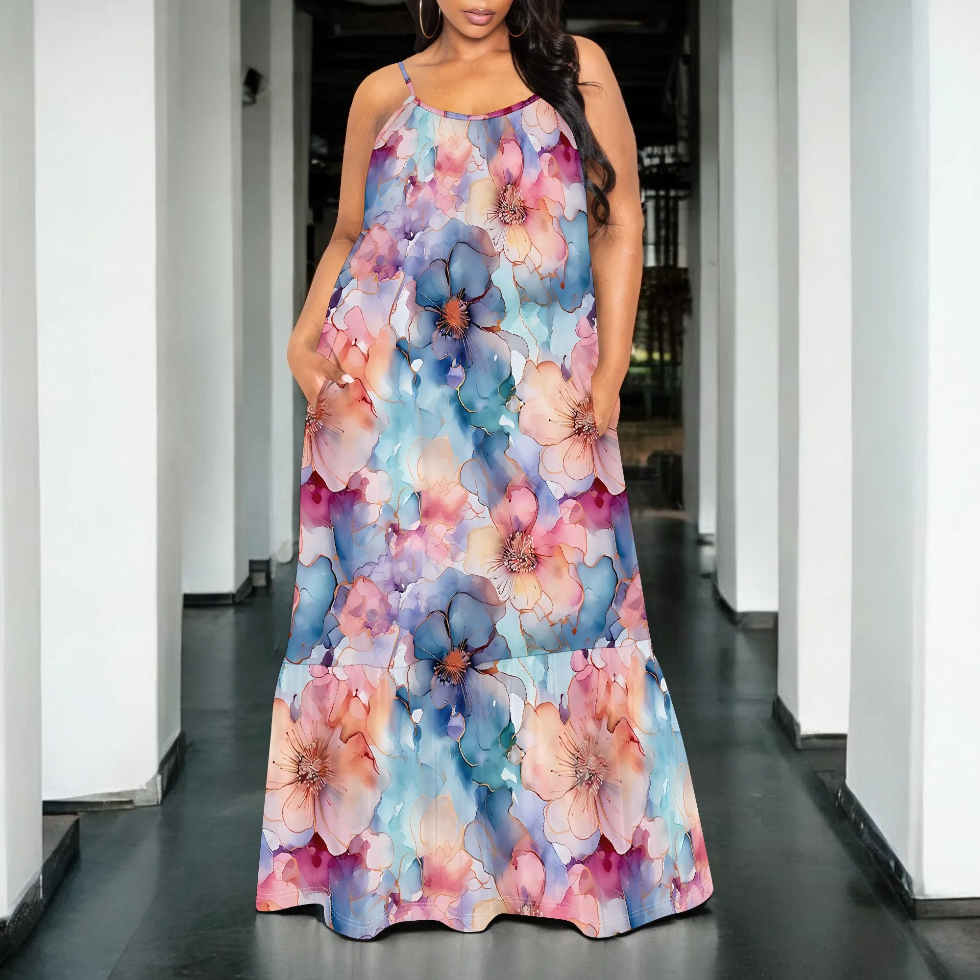 

Watercolor Floral Print Sleeveless Maxi Dress Women Casual Beach Style Spaghetti Strap Outfit