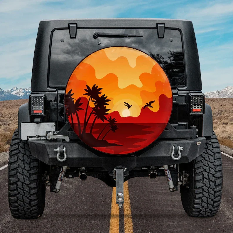 RV Spare Tire Cover,Beach Sunset Landscape Spare Tire Cover With Or Without Backup Camera Hole,Travel Trailer,Car Wrangler Spar