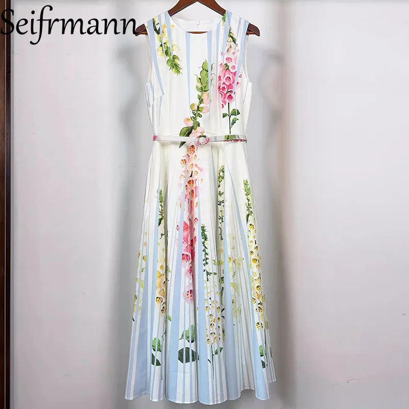 

Seifrmann 2026 Spring Women's New Fashionable Round Neck Sleeveless Printed Cotton Belt Waist cinching Dress ﻿