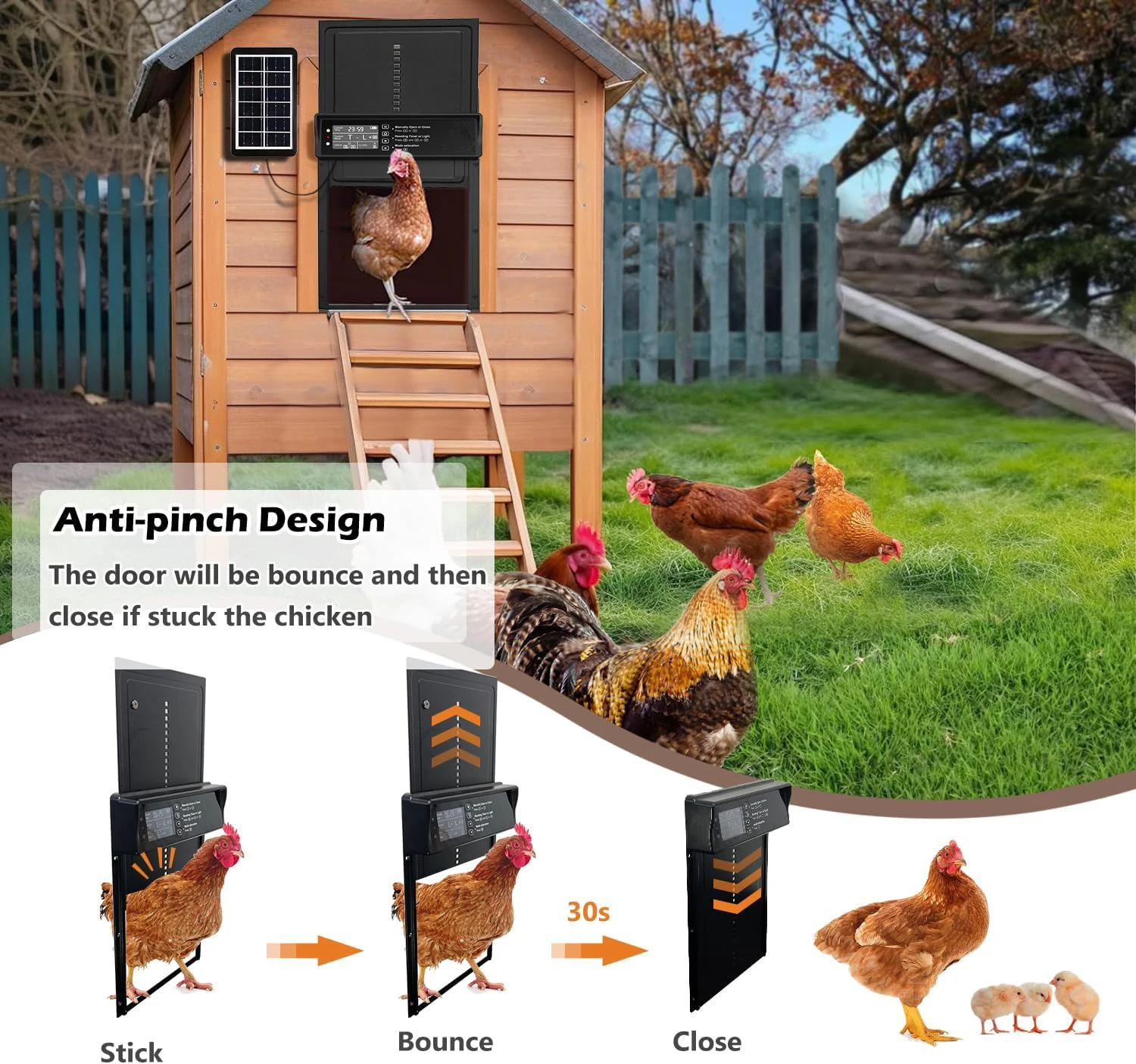 ประตูเล้าไก่แบบอัตโนมัติพลังงานแสงอาทิตย์, ประตูเล้าไก่แบบอัจฉริยะป้องกันการหนีบ, ประตูเล้าไก่ไฟฟ้า