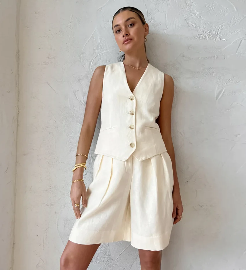 Solid Color Simple Cotton Linen Set Summer Single Breasted Shirt Suits 2024 New Shirt Shorts Two-piece Set Women Outfit