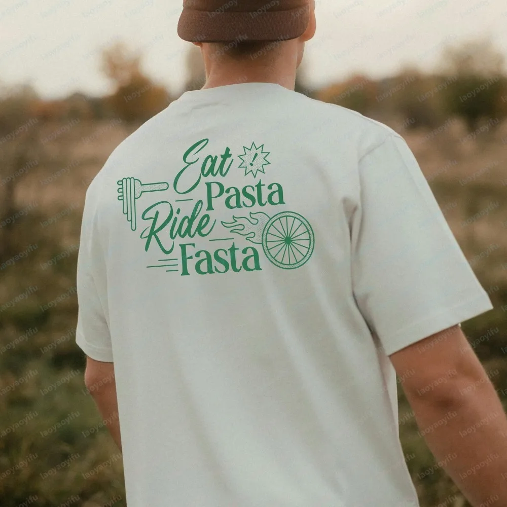 Image of Weißes Rennrad-T-Shirt aus Baumwolle, Eat Pasta Ride Fasta, Radfahren, Triathlon, Trainingscamp, Ausdauersport, Grafik-T-Shirts, Herrenbekleidung