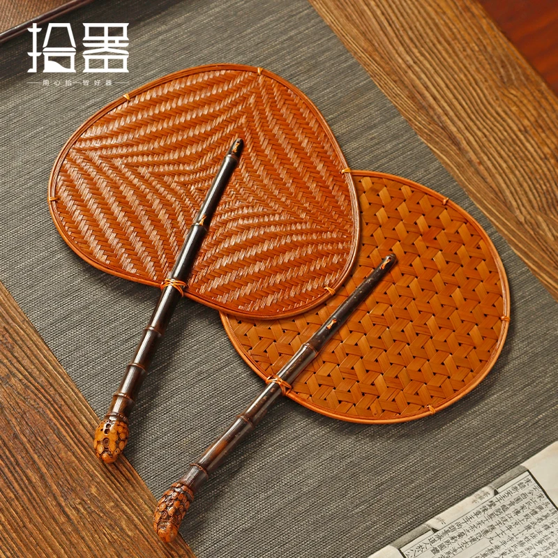 Vintage lacquer bamboo woven fan Luohan bamboo purple bamboo root Chinese long handle Pu fan group fan Chinese style classical b