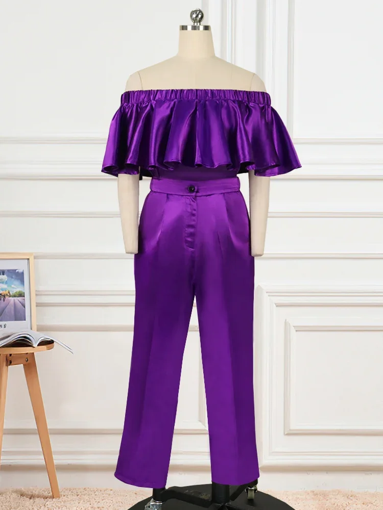 Women Stylish 2 Pieces Set Shiny Satin Purple Ruffle Hem Cropped Tops and Straight Trousers Pockets Summer Party Streetwear