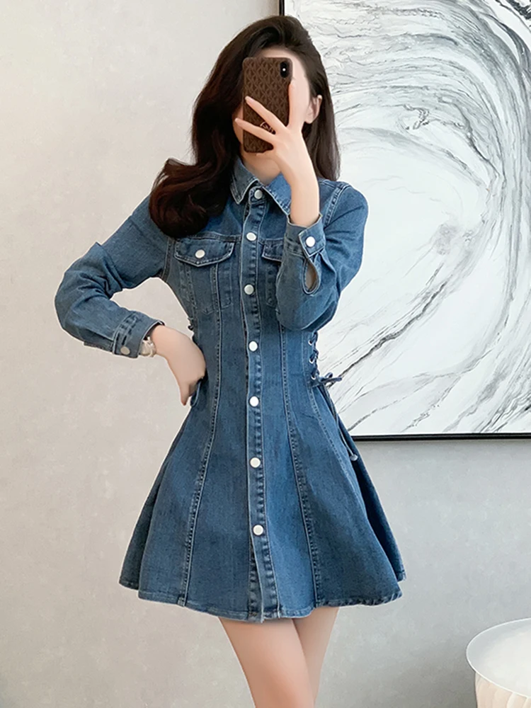 Korean A-line Mini Denim Dress  Women\'s Clothing Autumn New Style  High Waist Belt Polo Neck A-line Dresses Bandage Waist Design