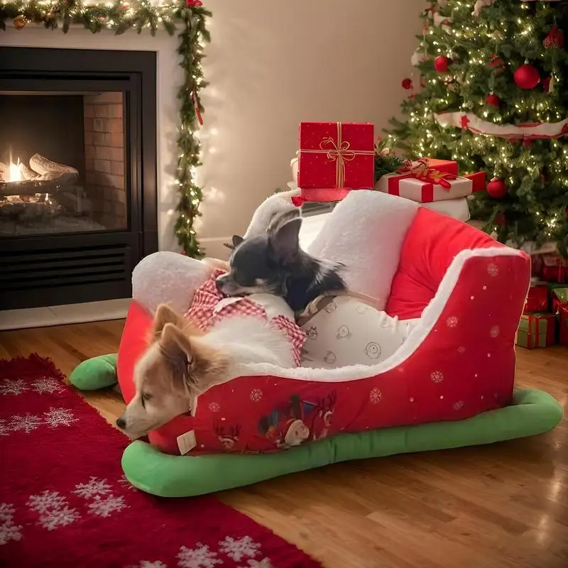 Christmas Holiday Themed Pet Bed Cute Sleigh Design Pet Bed Dog Beds Soft And Comfortable Pet Couch Cat Bed For Pet Dog Puppy