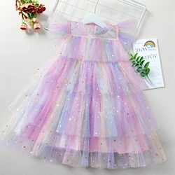 Summer Girl Tulle Fairy Princess Dresses Fly Sleeve Rainbow Star Sequined Cake Dress Children Mesh Puffy Birthday Party Vestidos