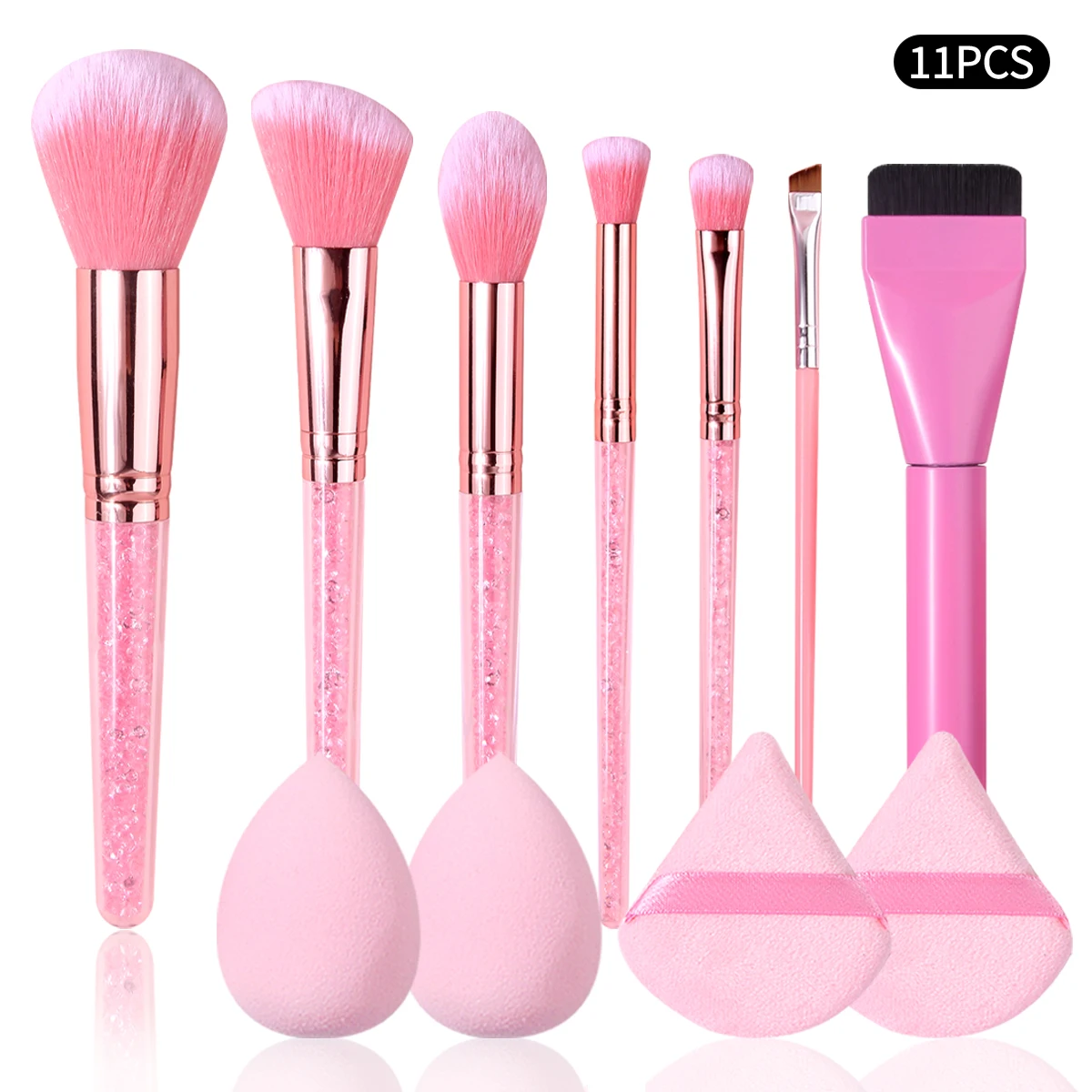 11-teiliges Rosa Make-up Pinsel Set mit Schwamm & Puderquaste, Professionelle Glitzer-Griff-Pinsel für Foundation, Lidschatten, Rouge, Ganzes Gesicht