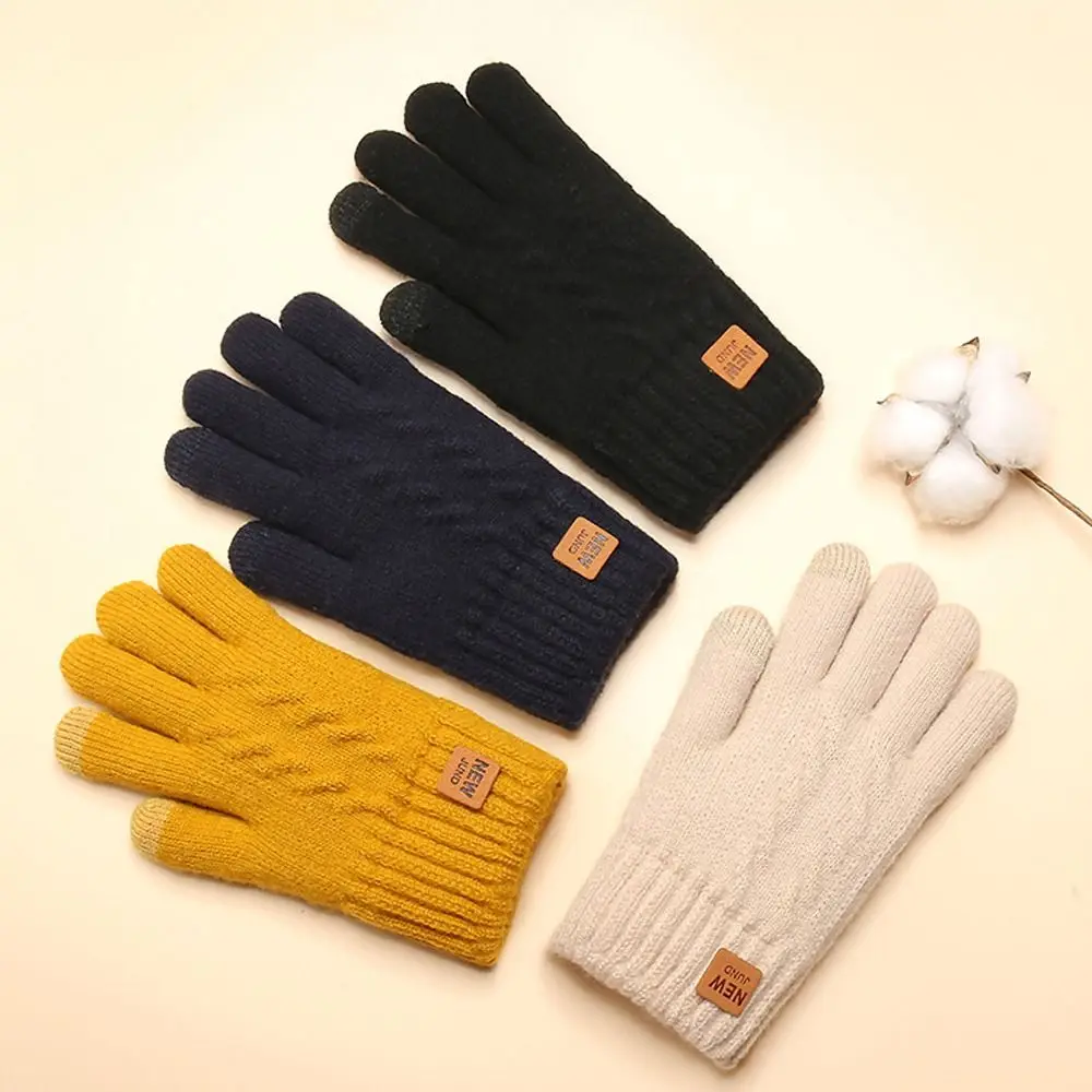 Fashion Thickened Plush Knitted Gloves Cold Proof Warm Touch Screen Gloves Double Layer Windproof Mittens Winter