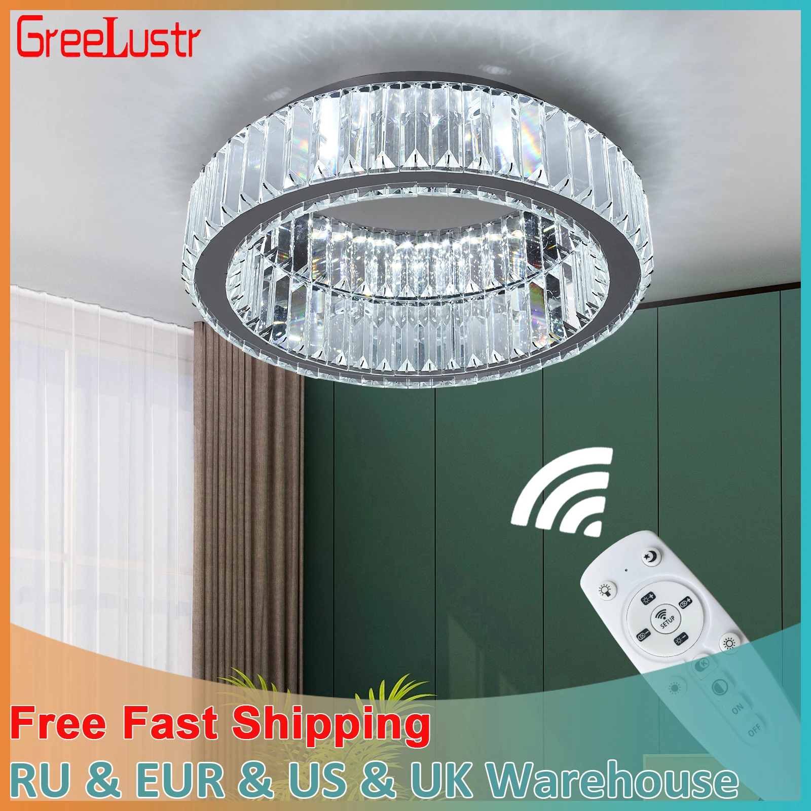 Modern Big Crystal Round Led Chandelier Dimmable Ceiling Light Fixture with Remote for Foyer Hall Bedroom Indoor Lights  Lustres