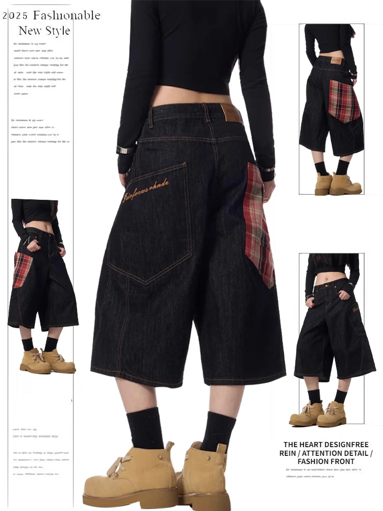 

Лето в американском стиле ретро, новый дизайн, красный id, большая рабочая одежда, джинсовая одежда, женские повседневные широкие брюки на семь футов