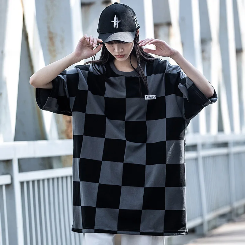 Hip Hop Plaid T-shirt Men 2022 Summer Creative Print Tactical Tshirts Loose T Shirts Tees Tops Black Streetwear WB696