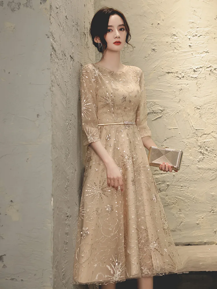 

Champagne Evening Gown For Women 2024 New Temperament Socialite Small Daily Style Host Formal Dress