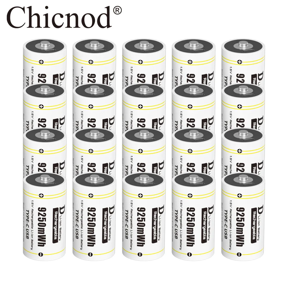 CHICNOD 1.5V 9250mWh USB Rechargeable D Size Battery LR20 D Cell Lithium Battery for Gas Cooker Water Heater Flashlight Radios