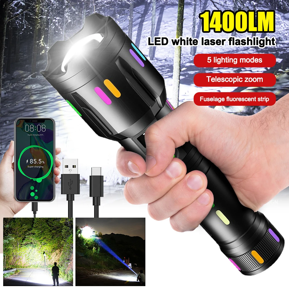 1400LM 500 Meter Long-Range White Laser Flashlight TYPE-C Rechargeable Camping Torch Military Tactical Zoomable Search Spotlight