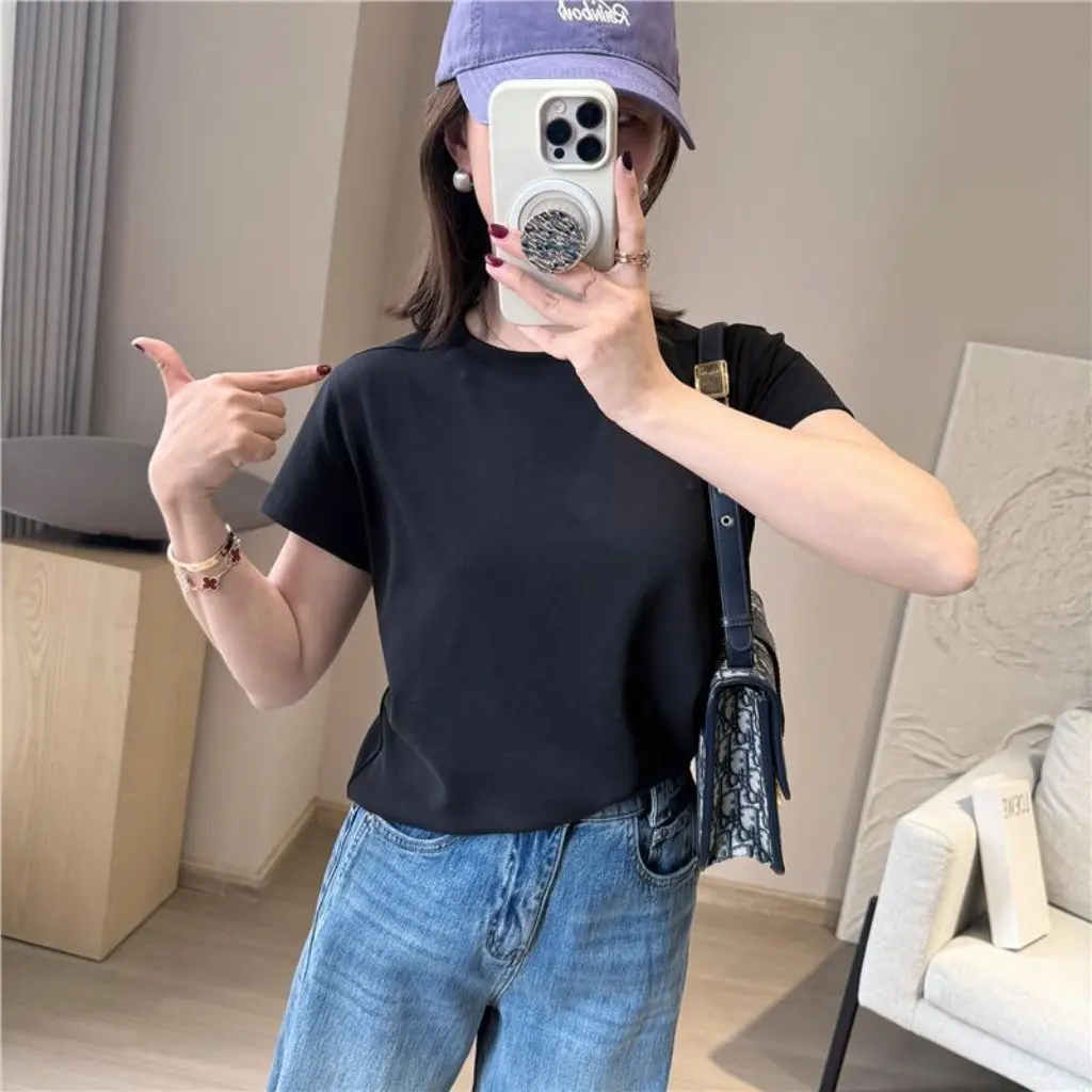 

Spring Lyocell Combed Cotton round Neck Basic Short Sleeve T-shirt Reshaping Right Angle Shoulder Simple Top for Women