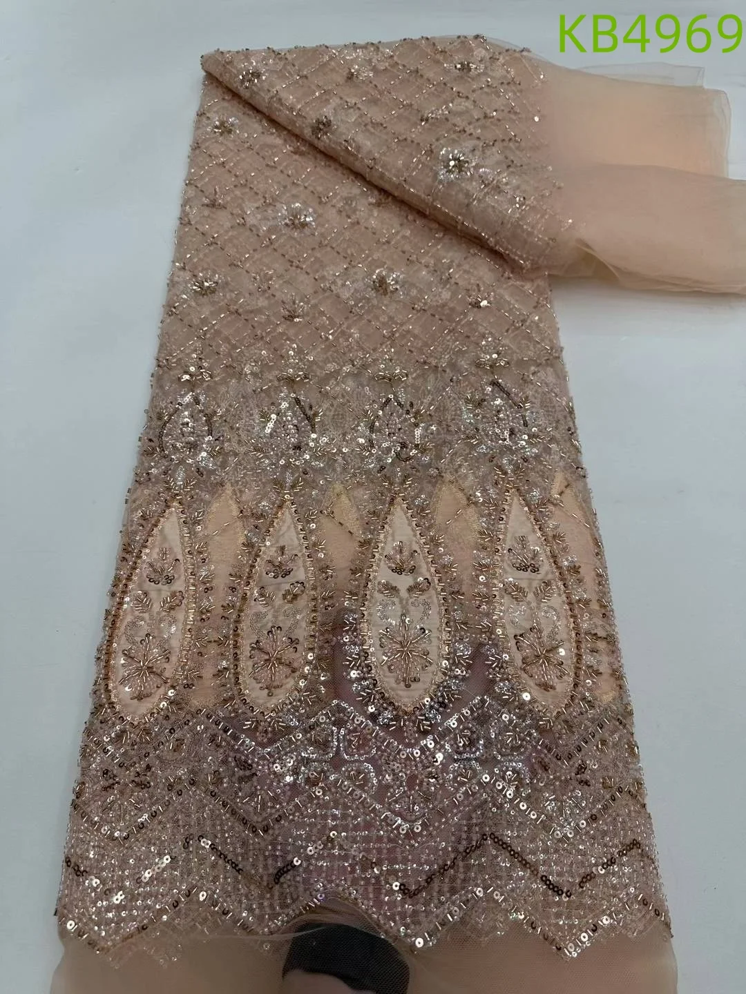 

5 Yards Dubai Lace Fabrics Quality 2024 Hollow Chiffon Beaded Tulle Lace Fabrics Sequins French Mesh Fabrics For Sewing KB4969