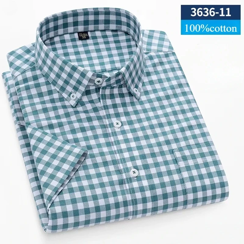 Fashion korean 100%cotton oxford summer plaid short sleeve shirts for men slim fit formal plain shirt casual designer clothes