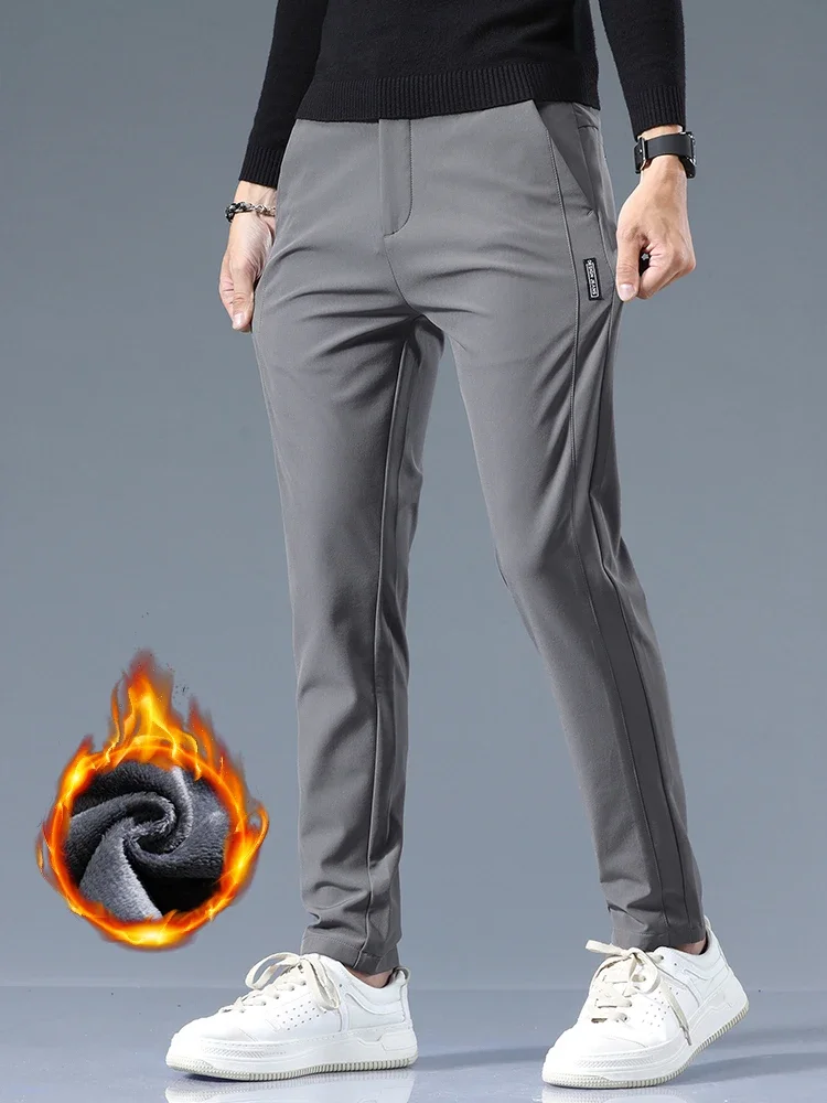 

Men Winter Fleece Golf Casual Pants Stretch Business Jogger Slim Velvet Trousers Korean Elastic Waist Fashion Male Thick Pants