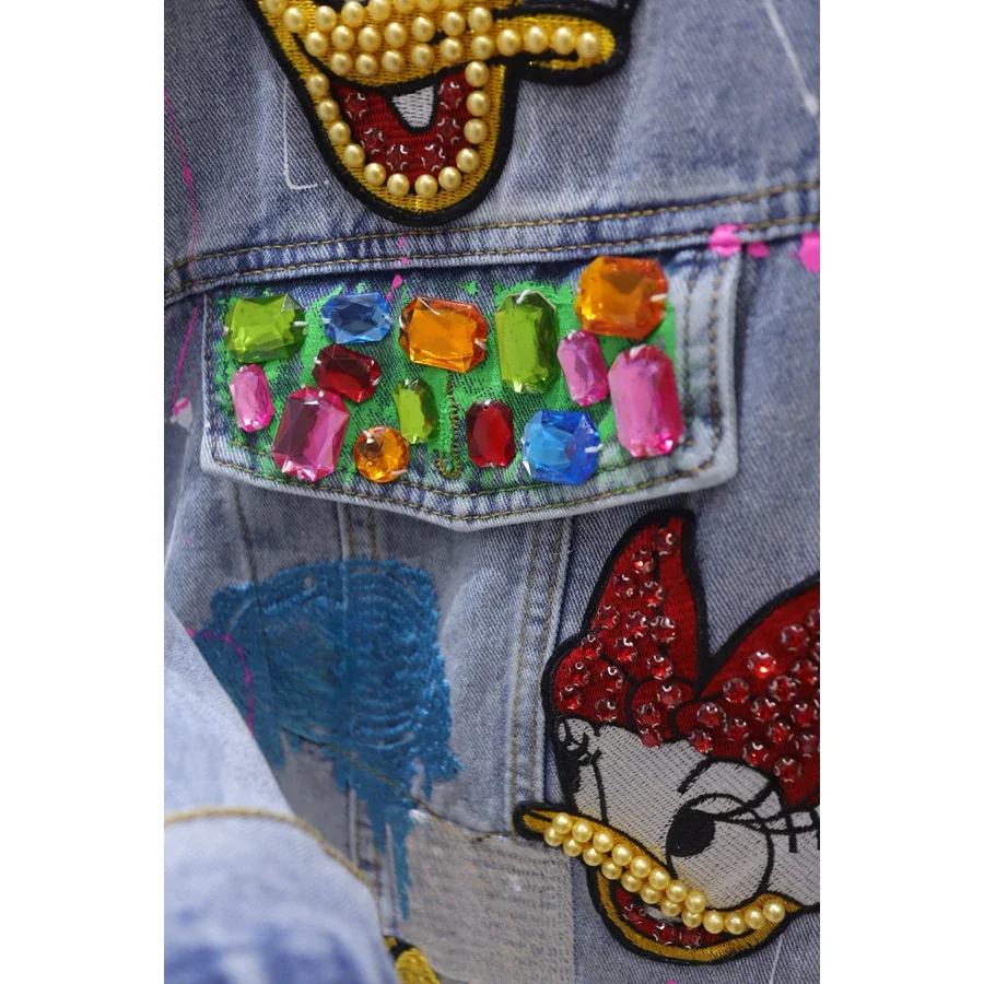 New Top Denim Jacket Fashion Sweet Cartoon Diamond Embroidery 2023 Autumn Clothing Loose Washed-out Jeans Coat Outwear