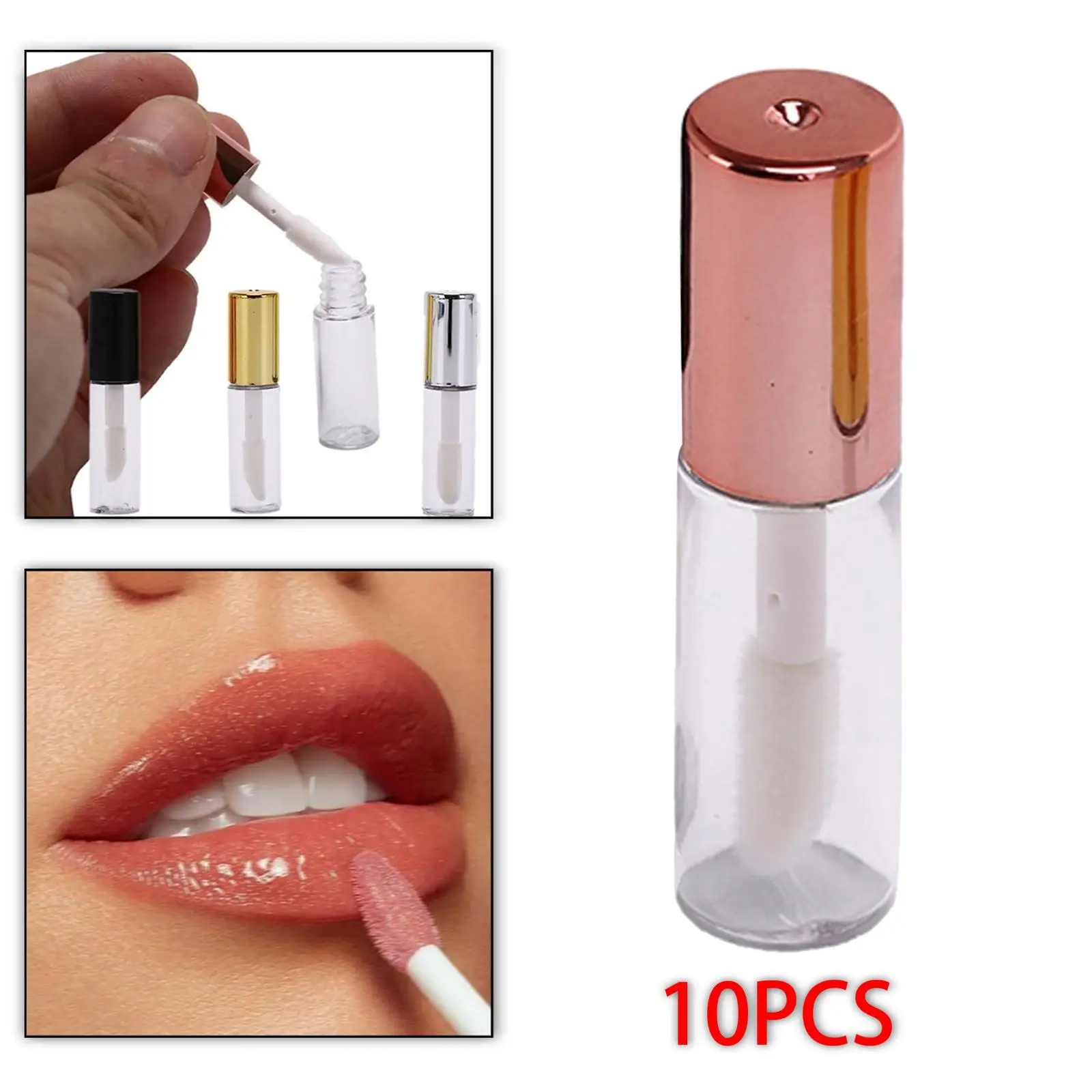 Herbruikbare plastic cosmetische potjes met zachte applicators voor dames en meisjes, in roségoudkleurige lippenbalsem tubes, voor in een cosmetische tas.