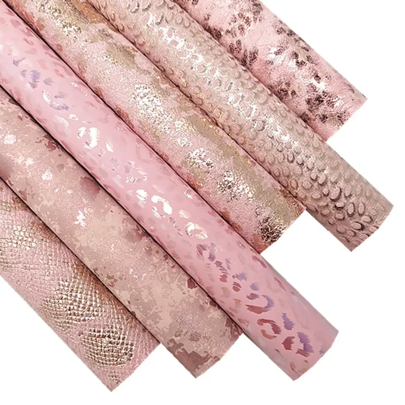 Pink Rose Gold Mixed Faux Leather Metallic Snake Leopard Peacock Synthetic Leather Fabric Sheets for DIY Craft 8.2