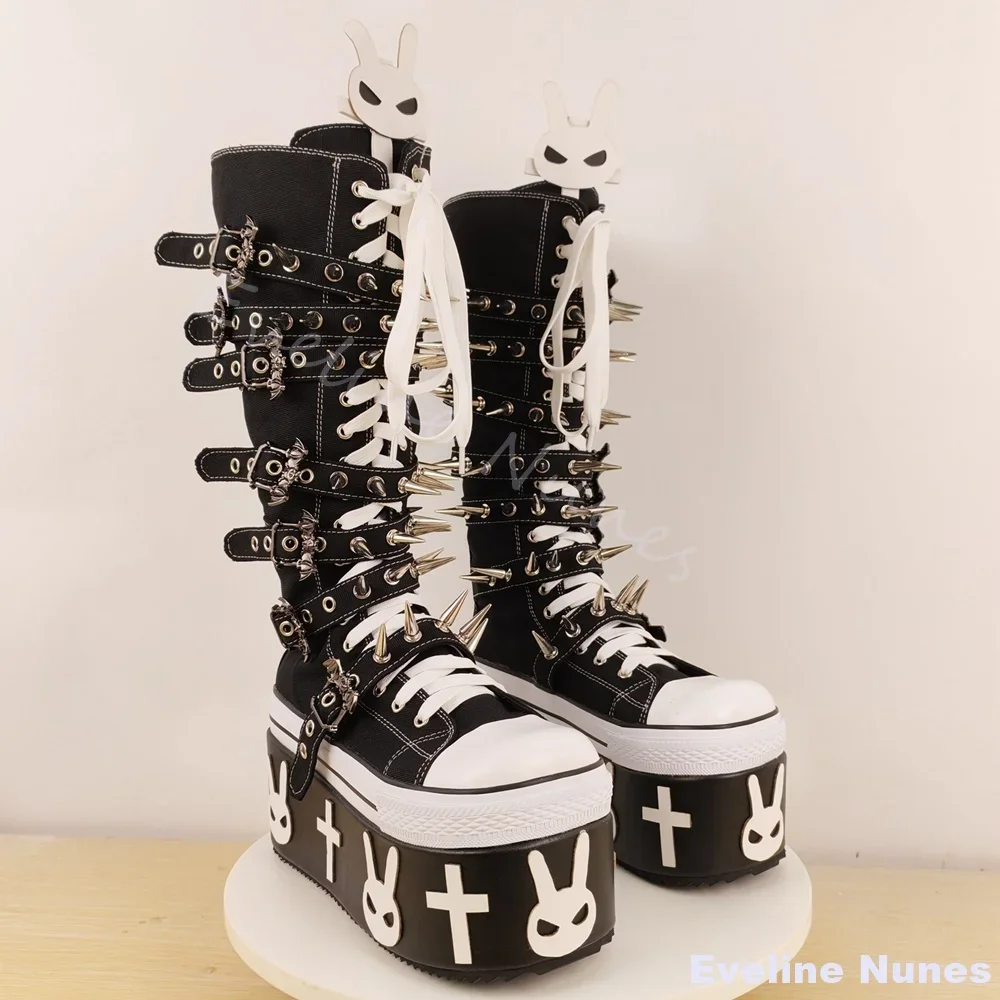 Thick Sole Rivet Belt Buckle Canvas Boots Women Round Cross Tied Cyberpunk Rock Street Sports Boots Halloween Motorcycle Boots