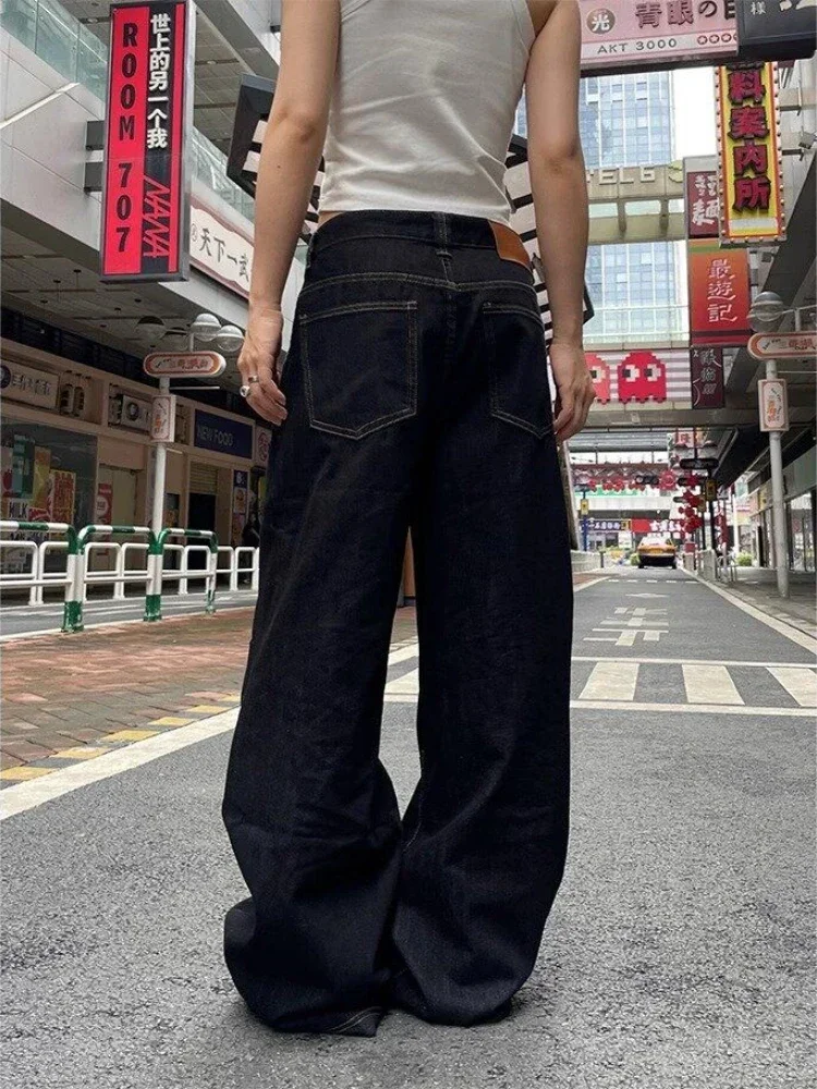 Deeptown Grunge Black Jeans Women Y2k Vintage Oversized High Street Wide Cargo Denim Trousers Casual Baggy Straight Denim Pants