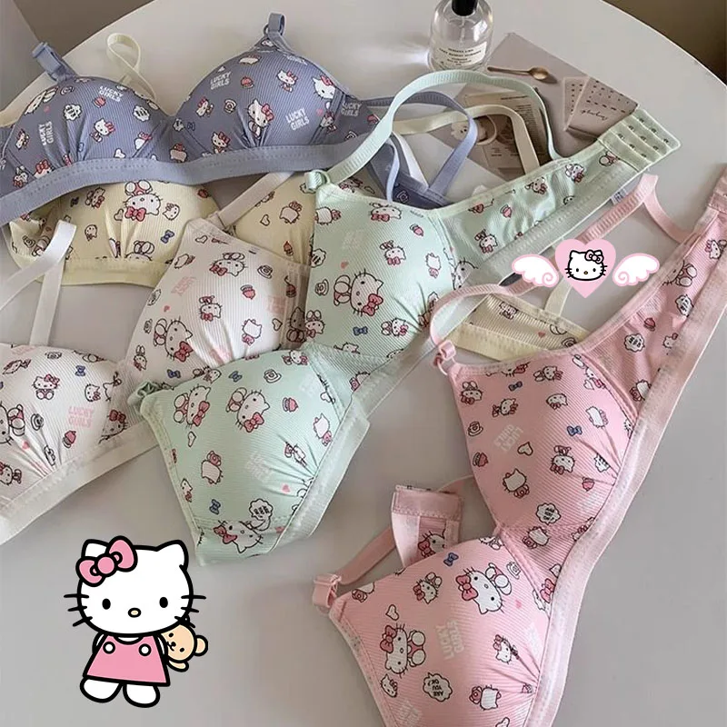 

Cartoon Hello Kittys Underwear for Woman Kawaii Girls Sexy Bra No Wire Push Up Underwear Student Sport Bra Pants Breathable Gift