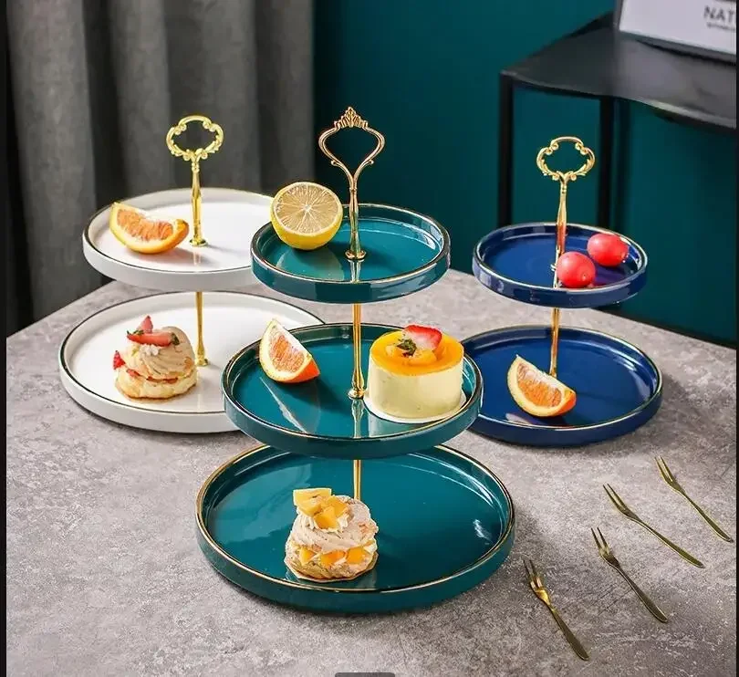 Ceramic Cake Stand Three-tier Pan Fruit Tray Dessert Table Plate Snack Display Refreshment Trays Dish