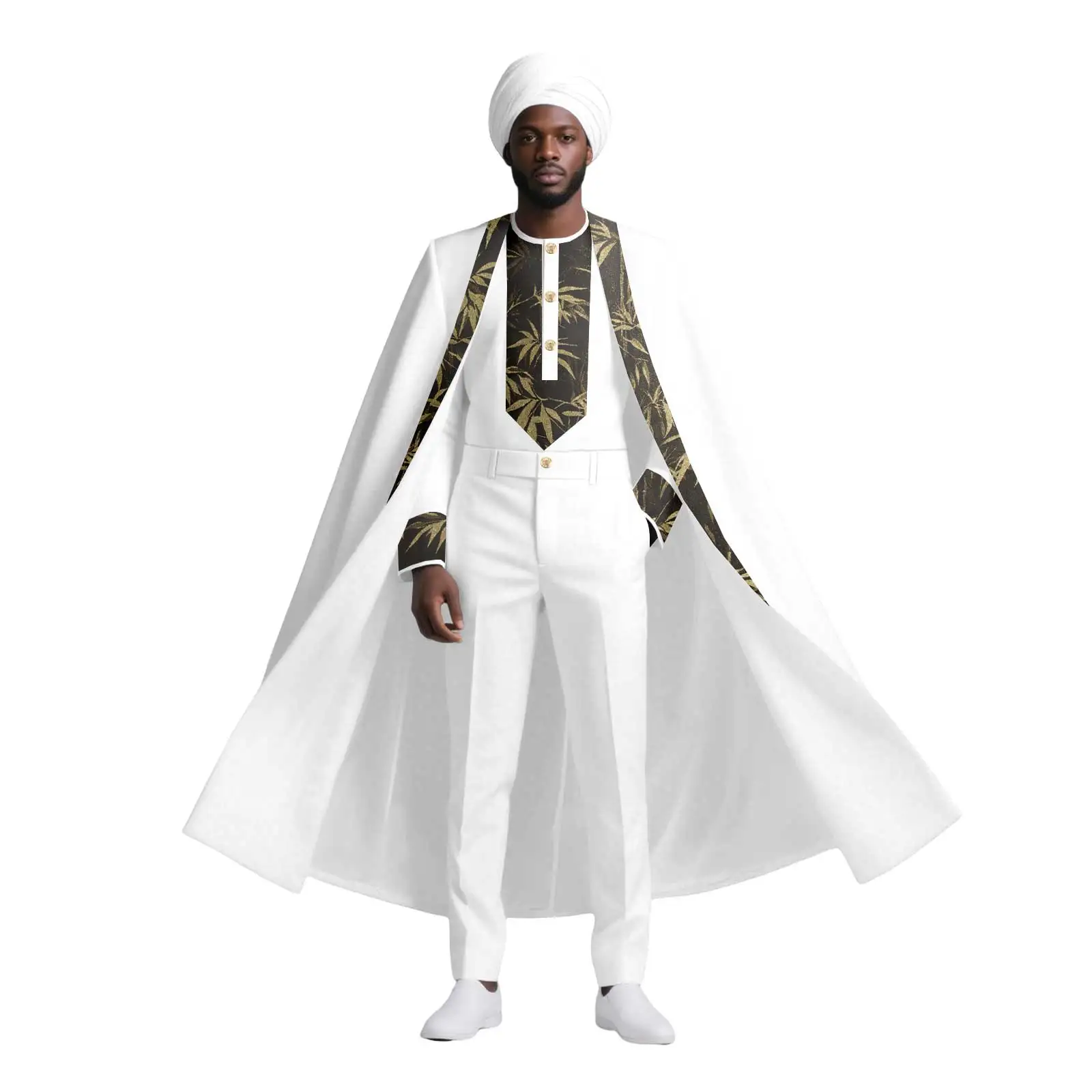 بدلة زفاف أفريقية مكونة من 4 قطع للرجال من DBQ مع عباءة طويلة وسترة واحدة الصدر وسراويل ضيقة وقبعة - ملابس رجالية تقليدية عرقية #1