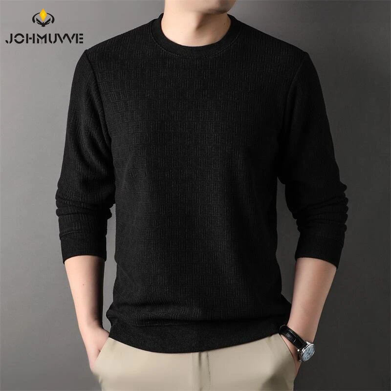 New Men's Casual Jacquard Long Sleeved Round Neck T-shirt Fashion Top