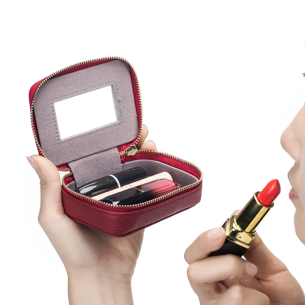 Lipsticks Case with Built-In Mirror Mini Cosmetic Bag Zipper Makeup Organizer Coin Pouch Travel Contact Lens Case Lipstick Purse