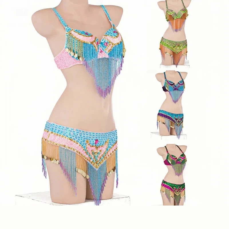 

Высококачественный комплект для восточных танцев: бюстгальтер и пояс (2 предмета), сексуальный танцевальный костюм для взрослых женщин, с бахромой и вышивкой бисером