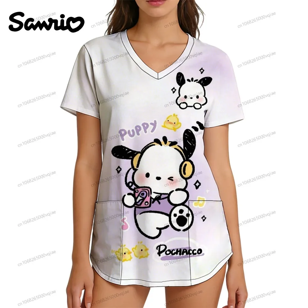 

Sanrio Character Anime Nurse Uniform Kawaii Women's T-shirt Pochacco 2026 New in Tops & Tees V Neck Top Y2k S-2XL Pocket Tshirts